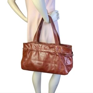 Brontibay Paris Y2K Cognac Leather Shoulder Bag Minimalist French Designer Tote